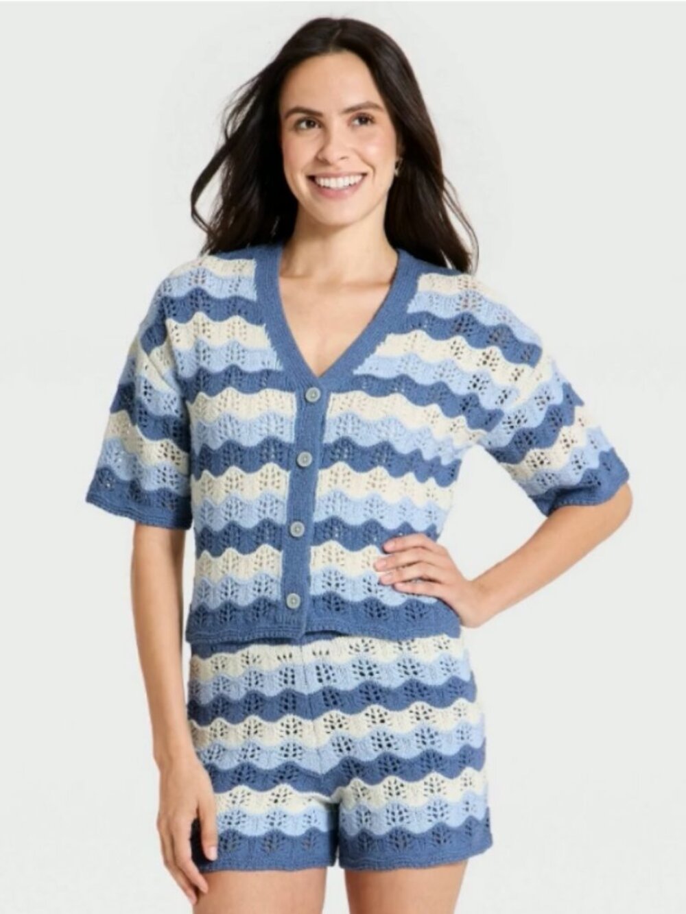 Women's Short Sleeve Cardigan Sweater - Universal Thread™ Blue Striped S